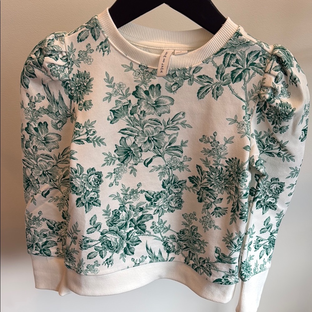 Janie and Jack girls size 5 Floral Green Ivory puff sleeve Sweatshirt